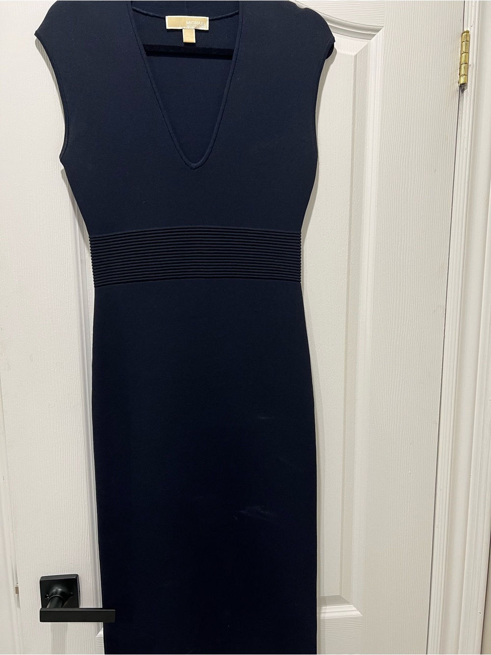 Michael Kors Navy Ribbed-Waist V-Neck Sheath Dress